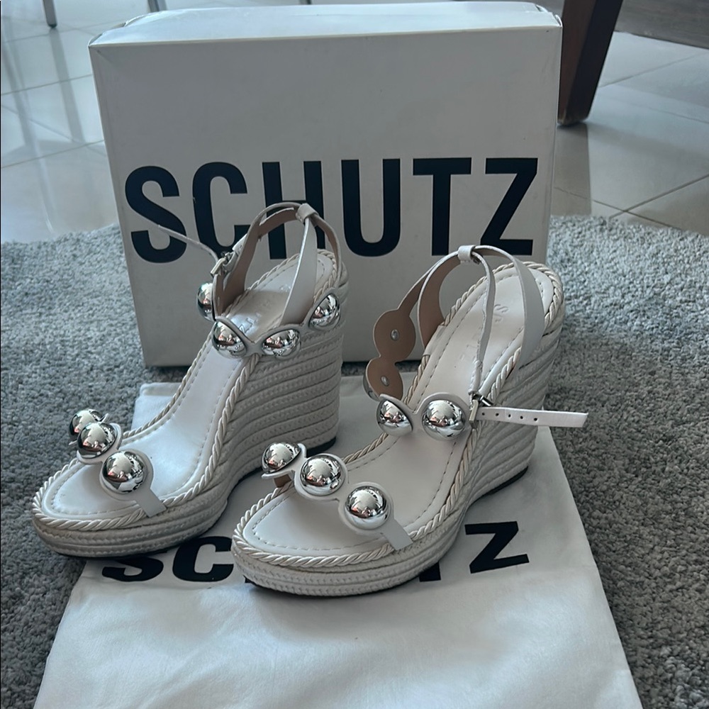 SCHUTZ Silver White Wedge Sandals with Ankle Strap